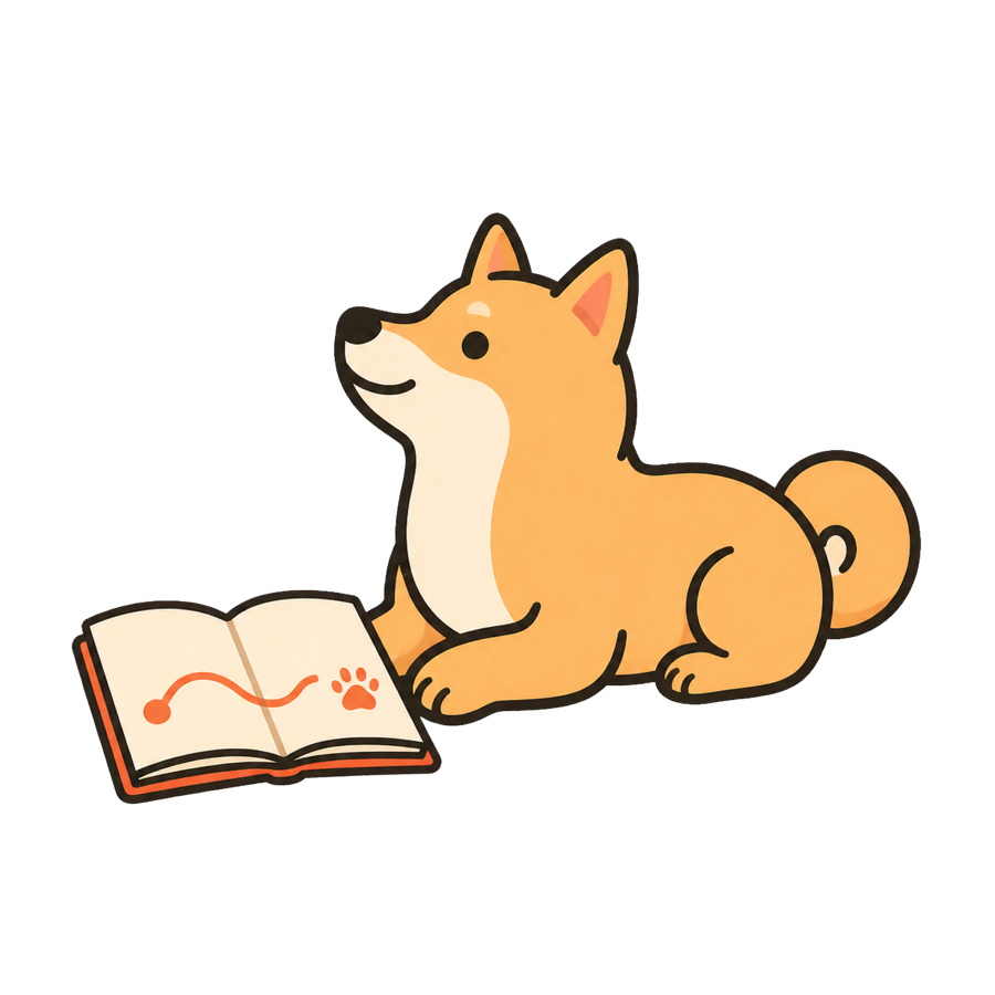 Lapka dog character resting beside a walk journal
