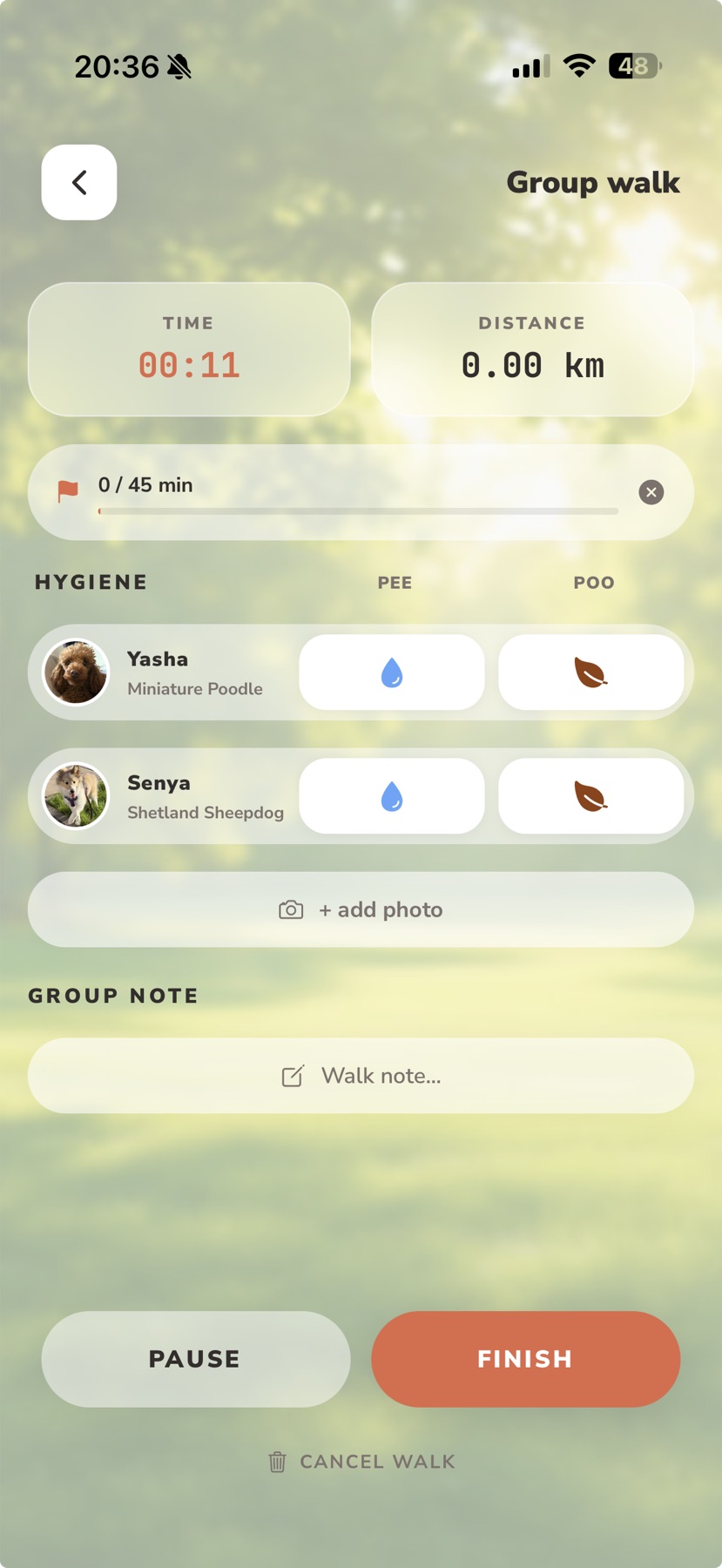 Lapka active group walk screen with separate potty controls for Yasha and Senya