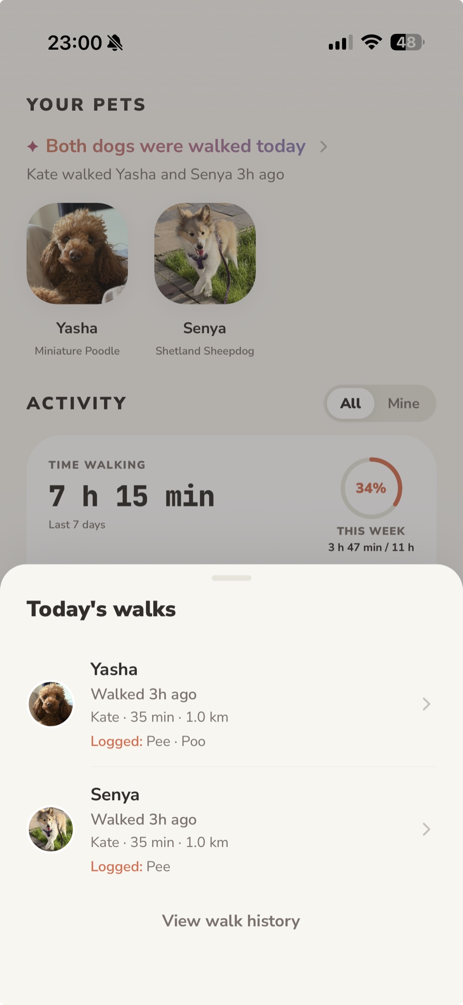 Lapka Today's walks sheet showing the walker, duration, distance, and toilet breaks for each dog
