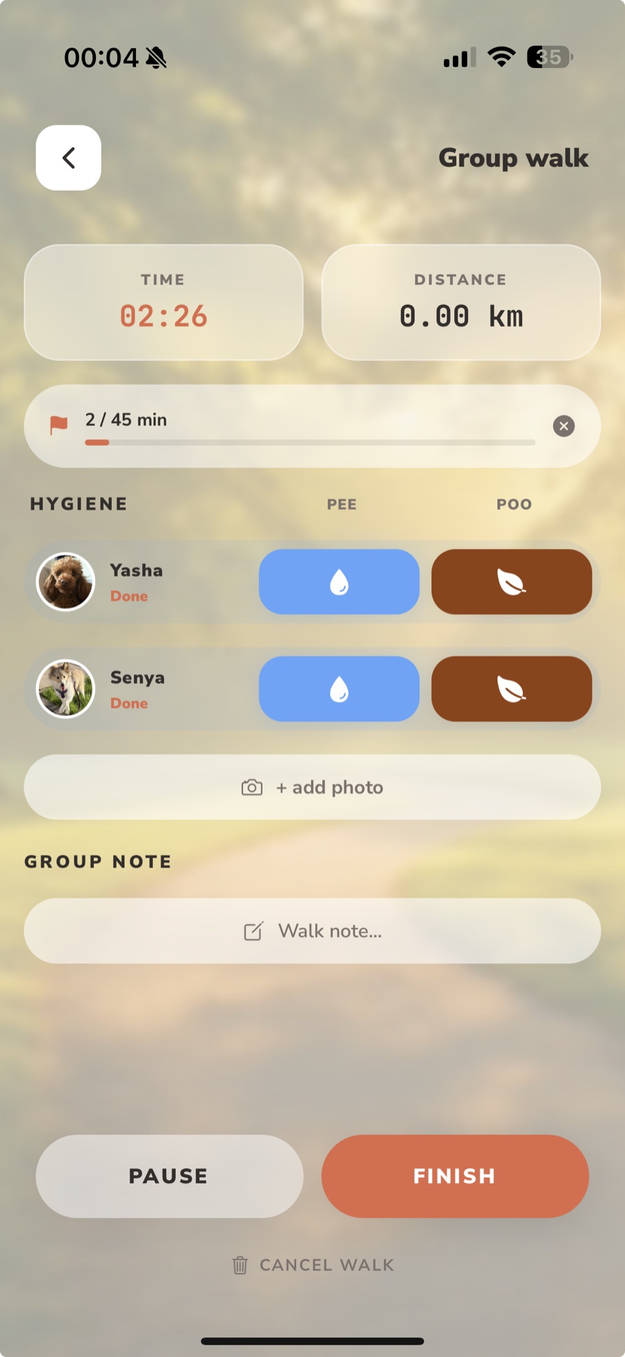 Lapka group walk screen with separate pee and poo controls for Yasha and Senya