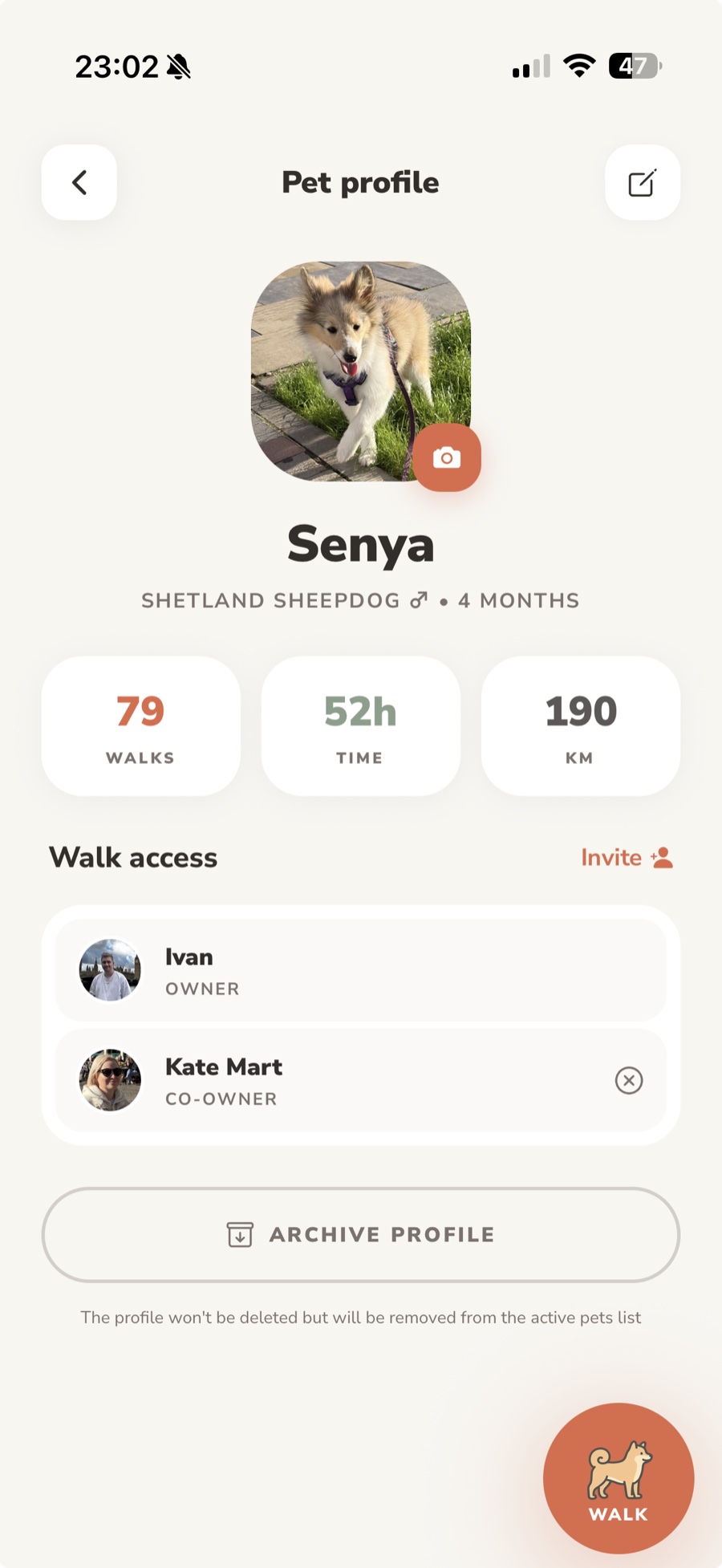 Senya's profile in Lapka with Ivan and Kate listed under Walk access and an Invite button