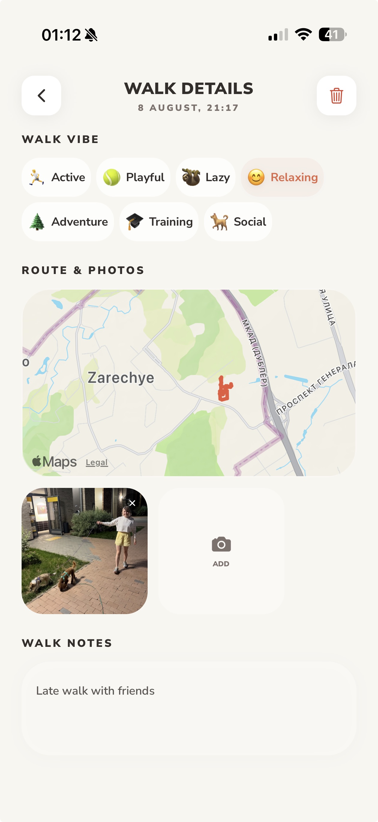 Lapka walk details showing a route, photo, note, and selected walk vibe