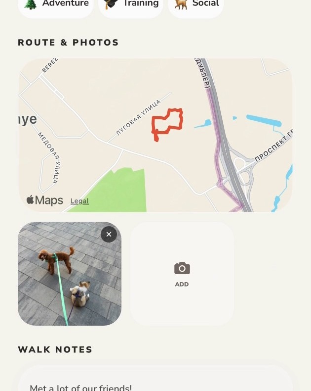 A saved Lapka walk with its route and a photo of Yasha and Senya